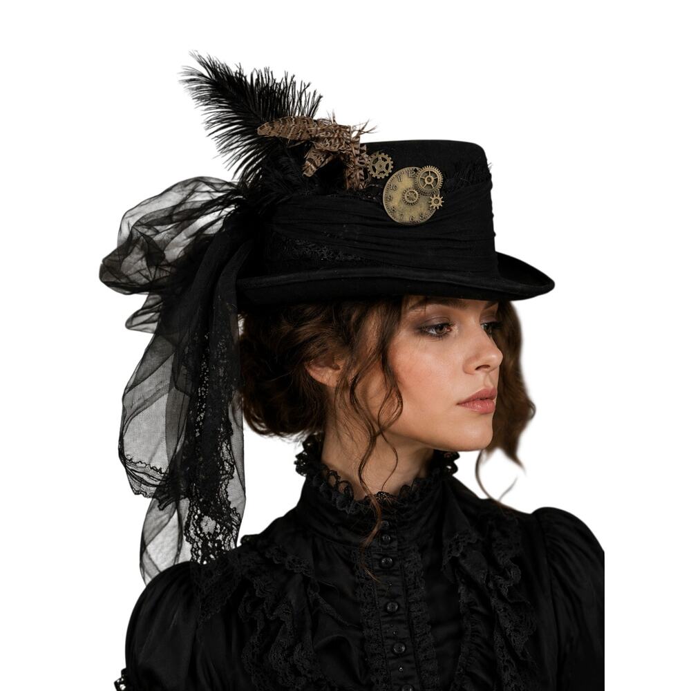 Black Felt Steampunk Top Hat Large 23.5" Gears Feathers Lace Victorian Cosplay